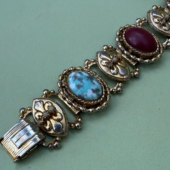 Vintage and Unique Gold and Multicolored Gemstone Chunky Bracelet - Picture 5 of 11